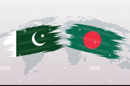 pakistan vs bangladesh flags islamic republic of pakistan vs bangladesh flags isolated on grey world map background vector illustration 2K5AE7P