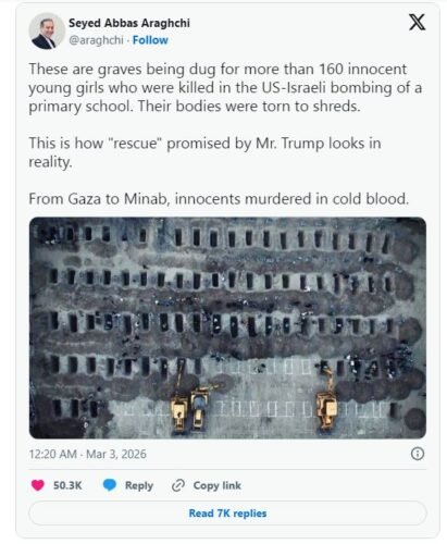 Iran FM Shares Image of 160 Schoolgirls’ Graves After U.S. Strikes 2 twitter